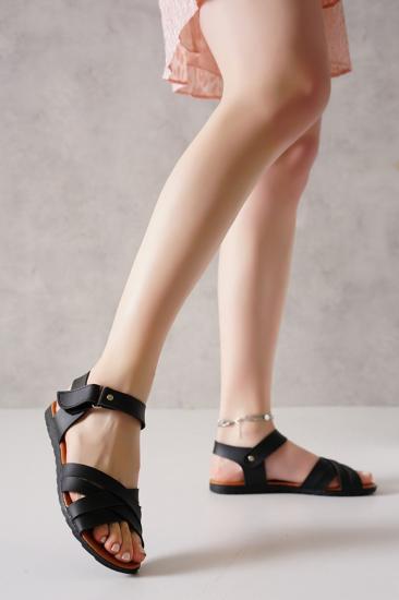STOCON Kadın Siyah Cilt Sandalet Yazlık Sandalet
